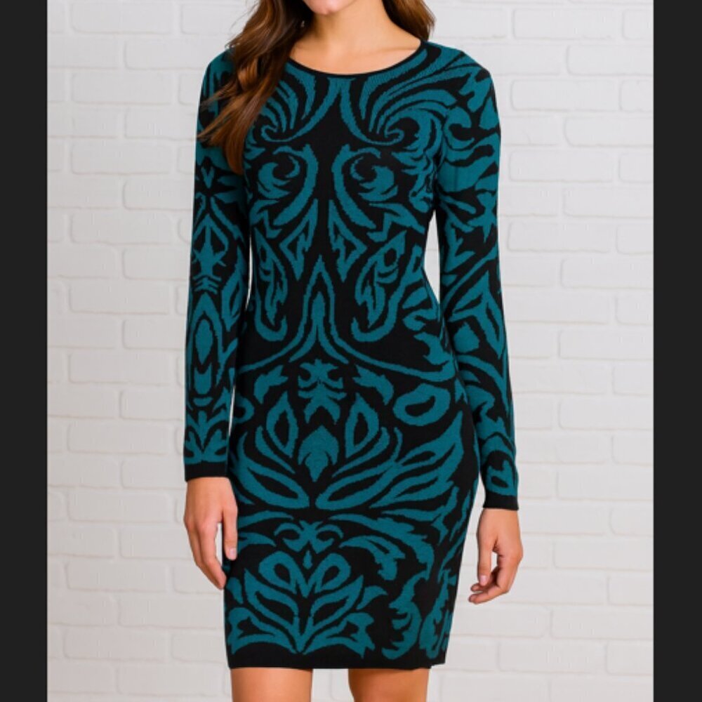 Ronny Kobo Teal & Black Pattern Midi‎ Sweater Dress